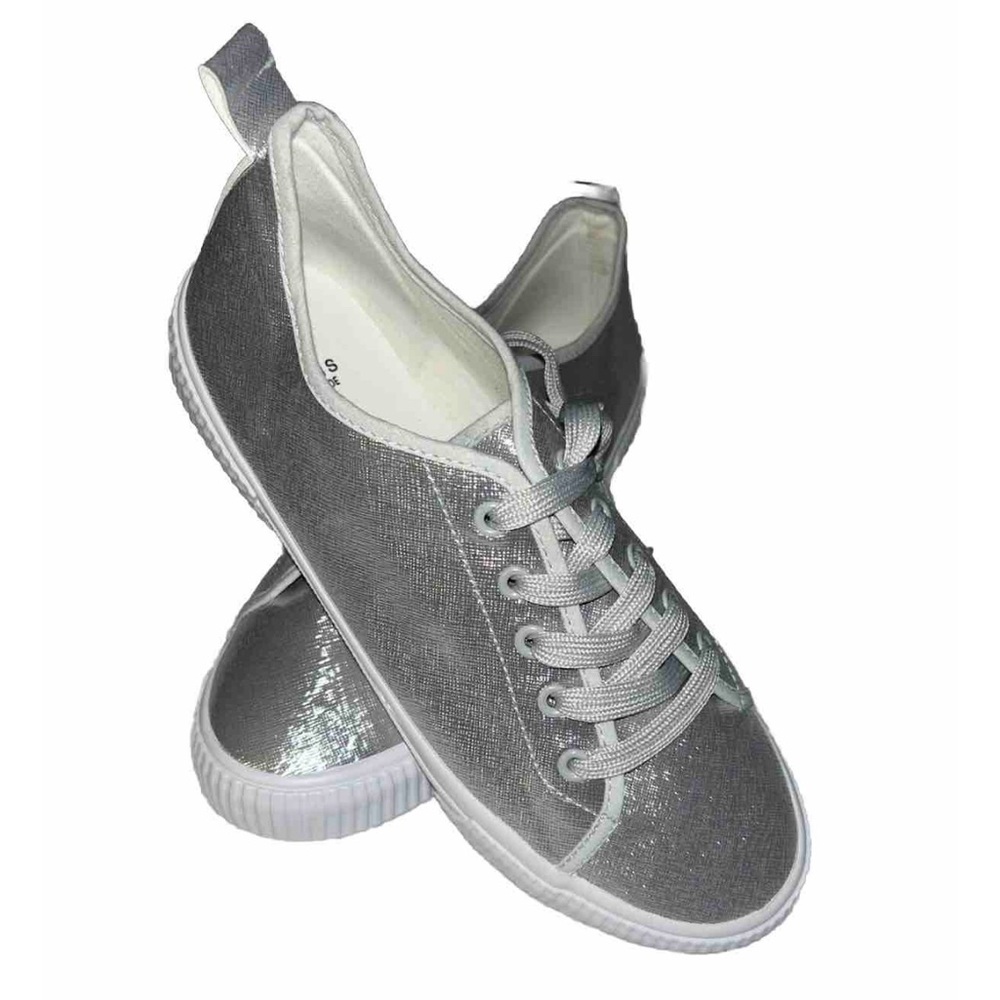 WIDE FIT (EEE) Metallic Silver Lace Up Trainer Shoe (Size 10) NWT